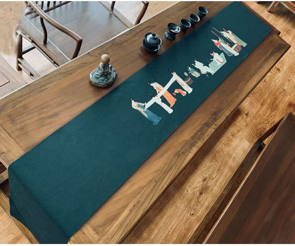 Centro Mesa Camino De Mesa Algodón Y Lino Único Estilo Chino Ángulo Plano Bandera Té Lateral Cama Retro Moderna Decoración Camino(Blue,85 Inches)