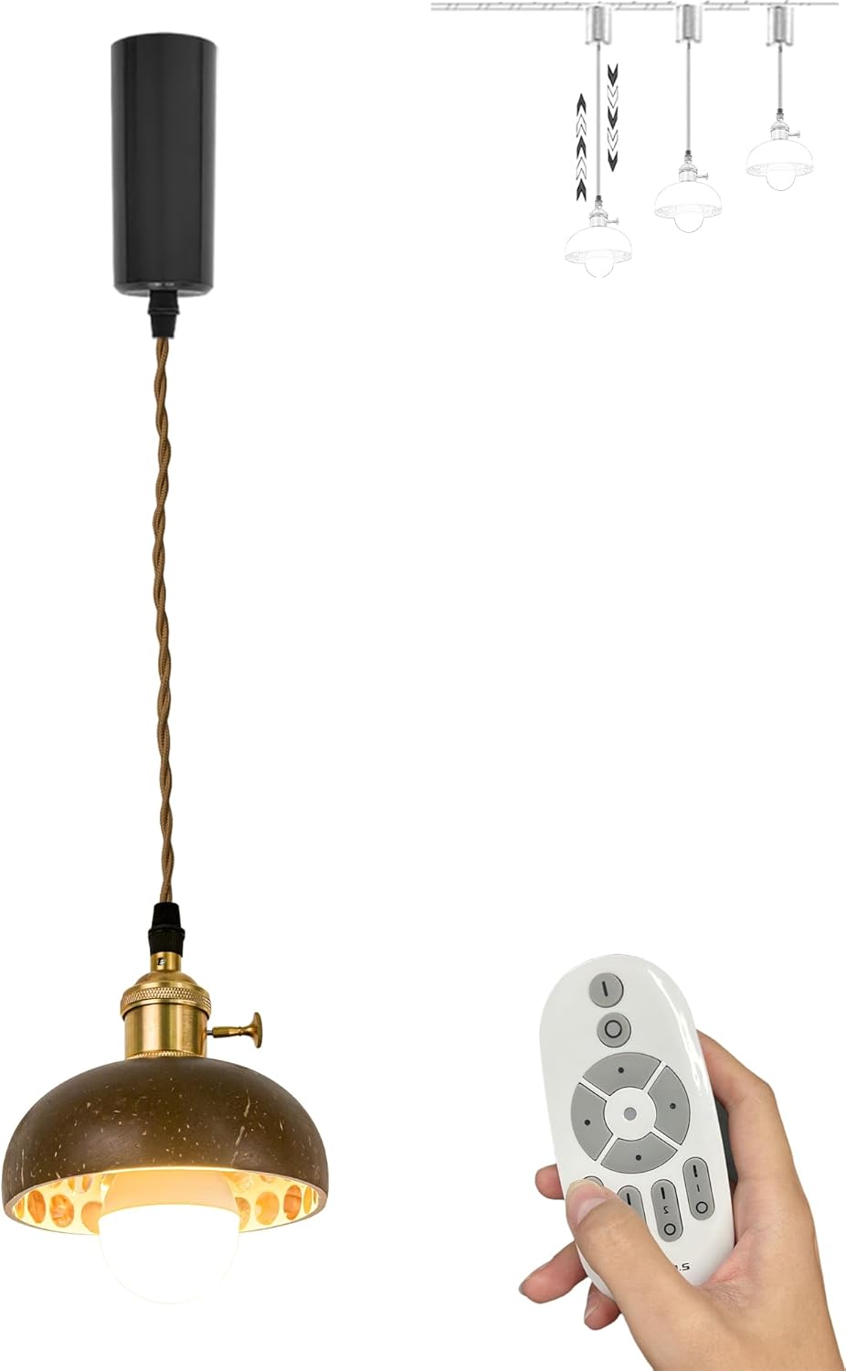 Smart Group Control with Stepless Dimming H-Type Track Lighting Pendant Restaurant Retractable Lift Retro Copper Light Coconut Shell, Halo Track Mounted for Kitchen Island, 5 ft