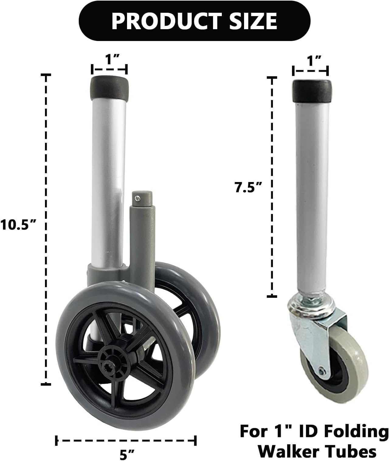 FMJI Walker Wheels Replacement Feet for Folding Medical Walker Parts Kit, Universal Front and Back Safety Wheel, 5 Inch Wheels with Brake