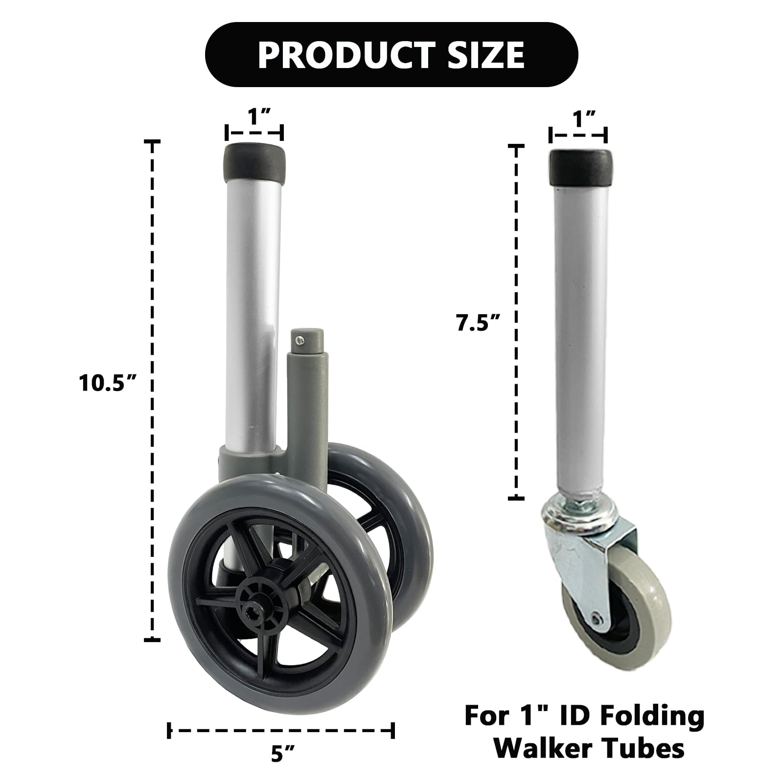 FMJI Walker Wheels Replacement Feet for Folding Medical Walker Parts Kit, Universal Front and Back Safety Wheel, 5 Inch Wheels with Brake