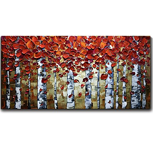 V-inspire Paintings, 20x40 Inch Modern Abstract Painting Red Birch Tree Oil Hand Painting 3D Hand-Painted On Canvas Abstract Artwork Art Wood Inside Framed Hanging Wall Decoration