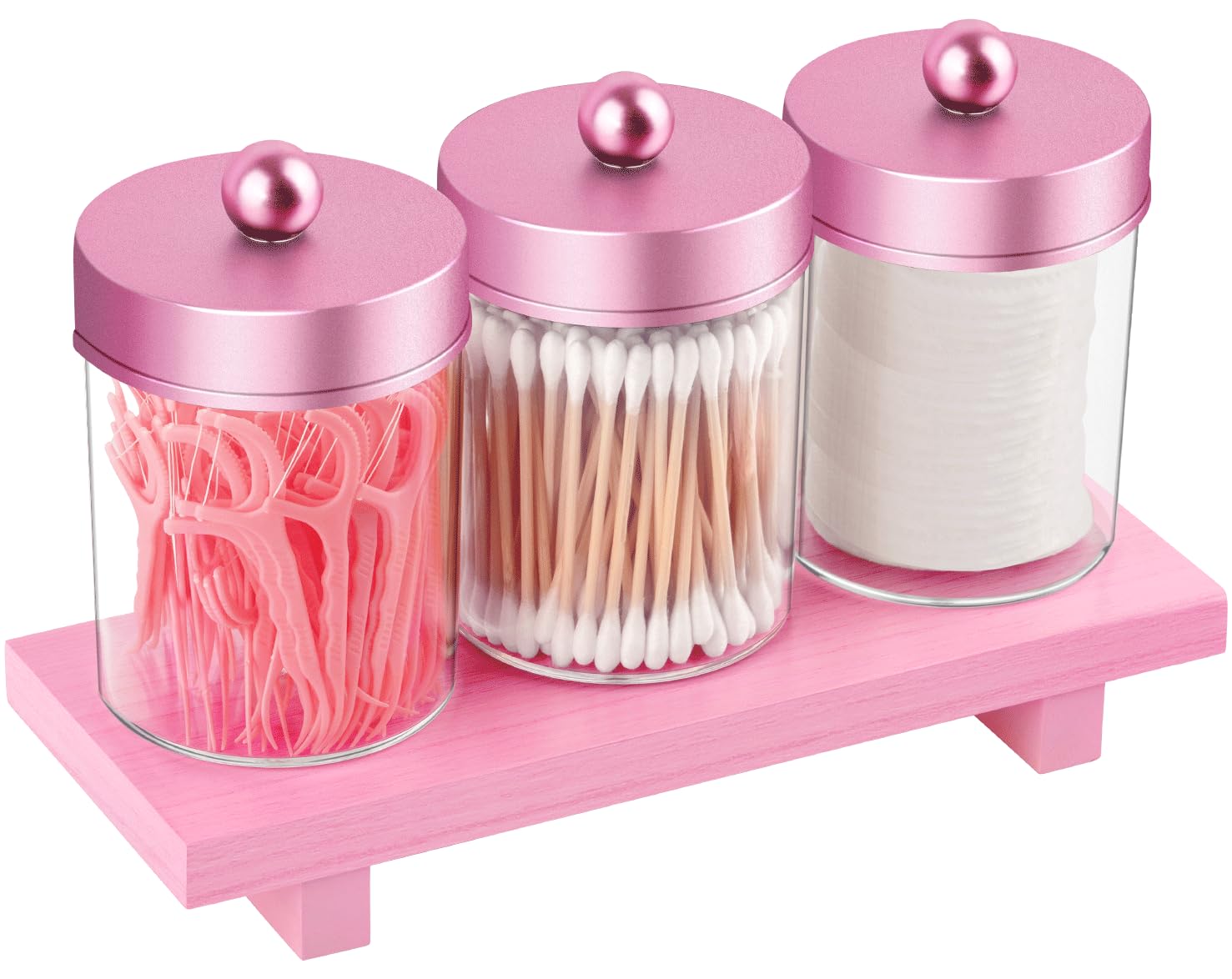 Pink Qtip Holder Bathroom Set - 3 Pack Apothecary Jars with Metal Lids and Vanity Tray Bathroom Organizers