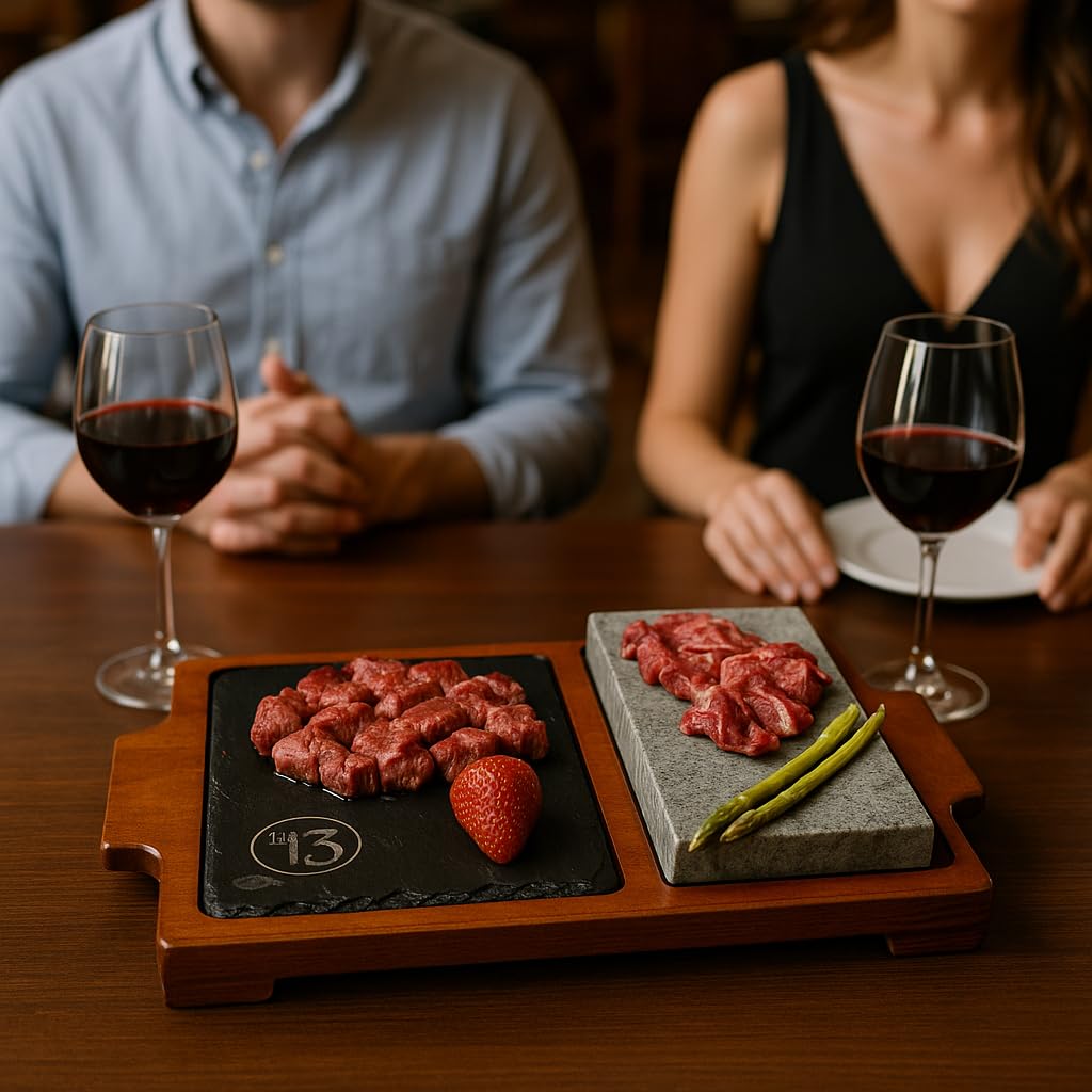 Piedra para asar carne de 10x20 cm Modelo Menú caoba con Plato de Pizarra de 13x20
