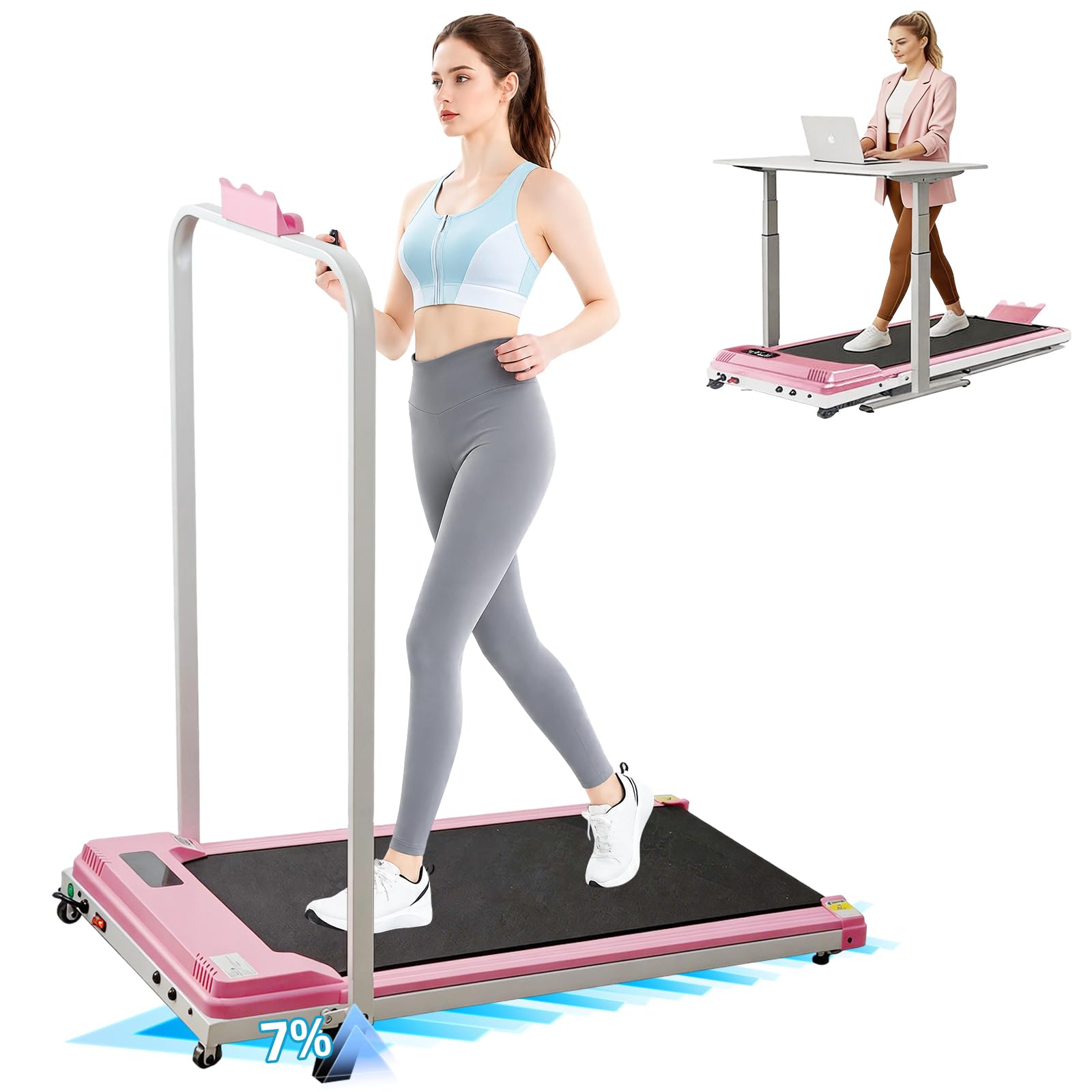 Treadmill with holder and Incline, 0.75 HP Quiet Motor & 7% Incline: 1–8 km/h speed with holder, ≤45 dB noise. Perfect for use at home or in the office without disturbing others. (Pink)
