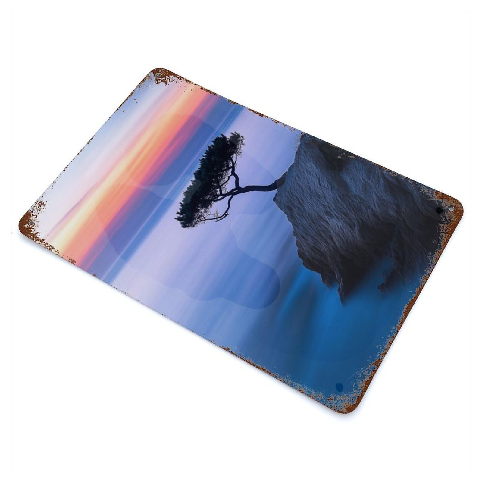 Lone Tree on Cliff Vintage Wall Sign 11.8"x7.9", Rust Effect Metal Decor for Basement, Hobby Room And Garage Decor