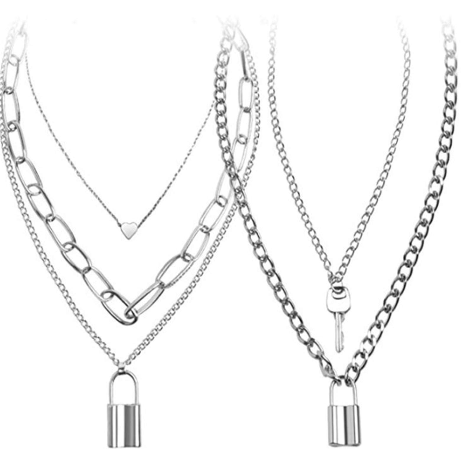 N/Q2-4Pcs Punk Rock Layered Chunky Chain Lock Key Long Pendant Necklace for Women Men Multilayer 14K Silver Plated Gothic Hip Hop Statement Necklace Unisex Jewelry