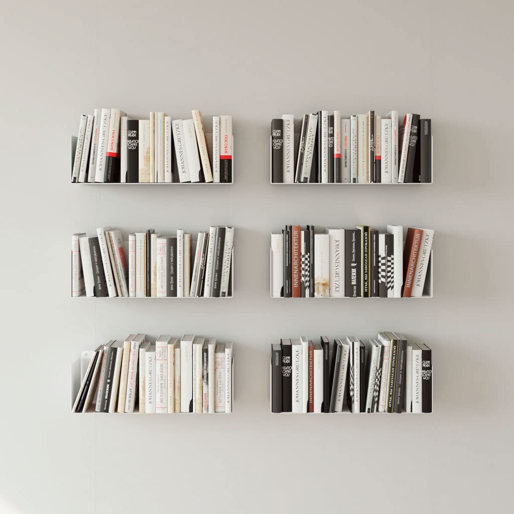 Juego de 6 Estantes Metálicos Flotantes de Pared | Longitud: 45 cm | Estantería Ideal para organización de Libros y Cocina | Acero Lacado al Horno | Fabricado en España (White)
