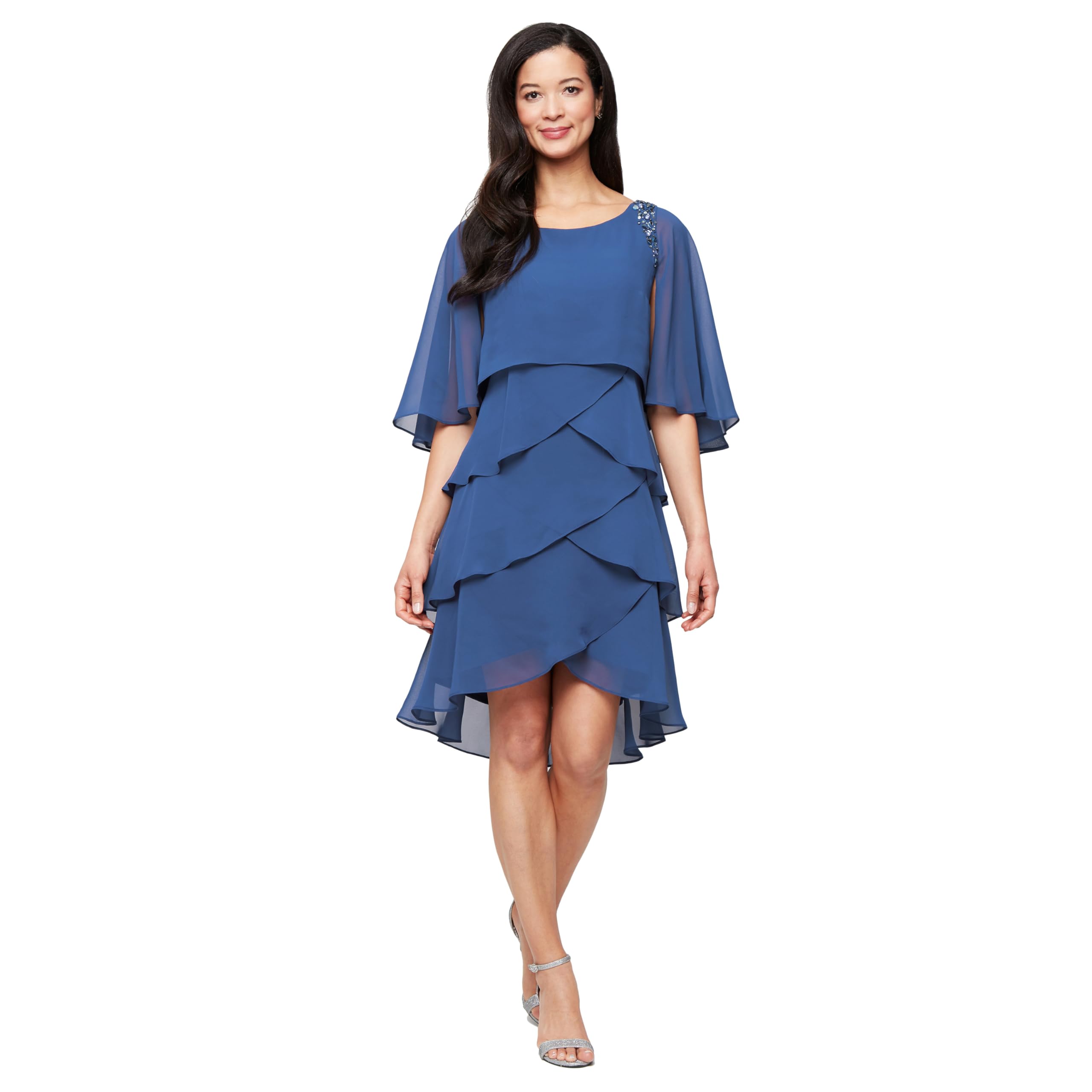 S.L. Fashions Tiered Chiffon Party Dress with Cape