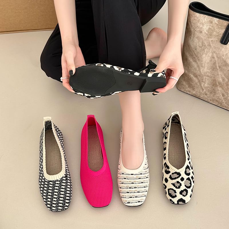 Image of RVROVIC Women's Knit Square Toe Ballet Flats, Slip‑On Casual Flat Shoes