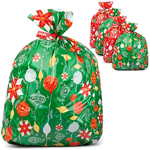 Christmas Large Gift Bags  Set of 4 Xmas Present Wrapping 36x44 Jumbo Extra Large Christmas - Gift Bag Plastic Giant Gift Bags for Huge Gifts - Heavy Duty Big Gift Sack Set with Tags & String Ties