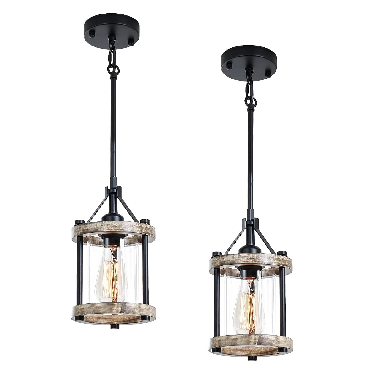Ejerlya Farmhouse Pendant Light - Rustic White Wood & Metal Cage, Adjustable 43