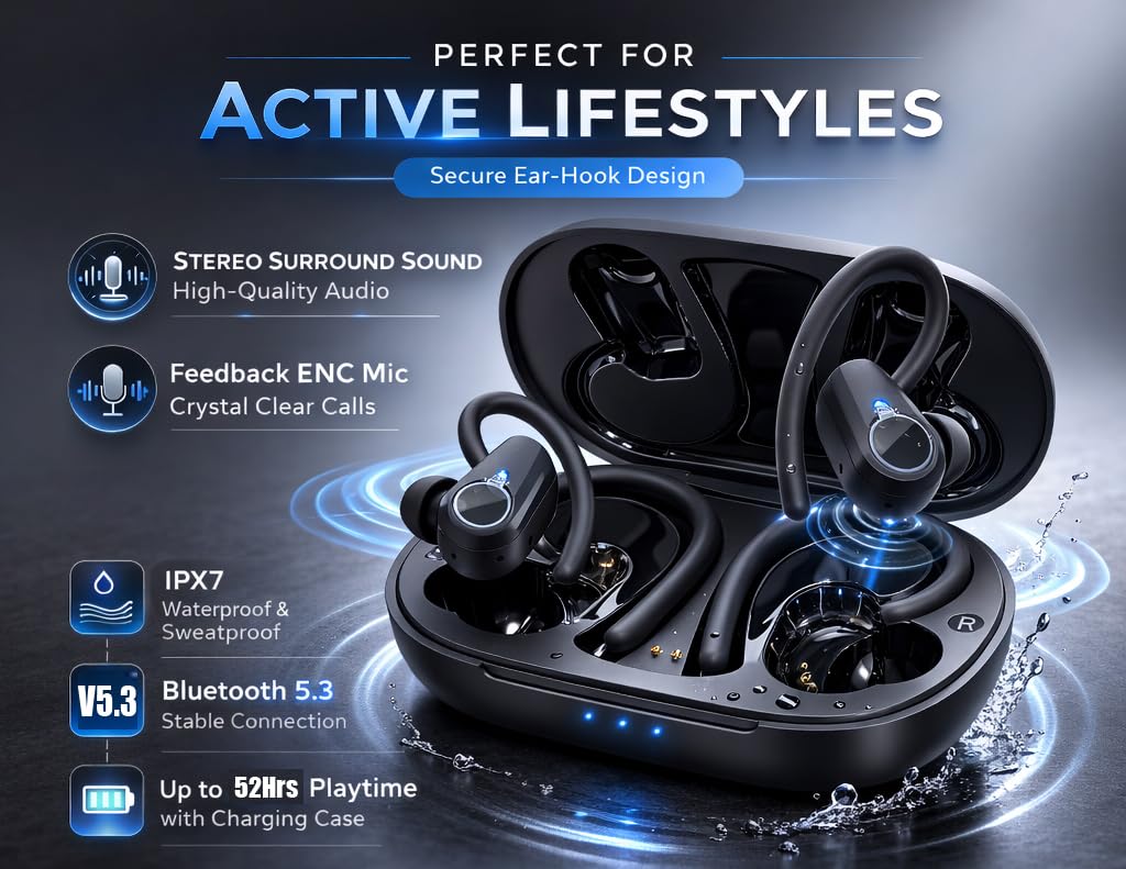 Auricolari wireless, Bluetooth 5.3, cuffie sportive, con microfono per riduzione del rumore, display a LED, 50 ore di autonomia, con ganci per le orecchie, impermeabili IP7, per palestra, corsa
