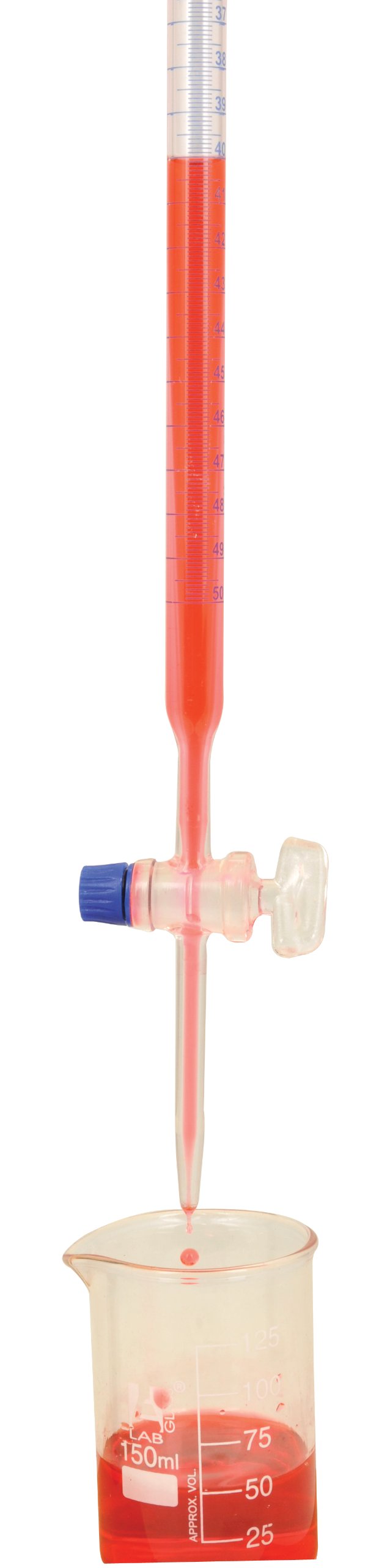 Labs Borosilicate Burette w/ Glass Stopcock - 50mL cap., 0.1mL grad - White Graduations