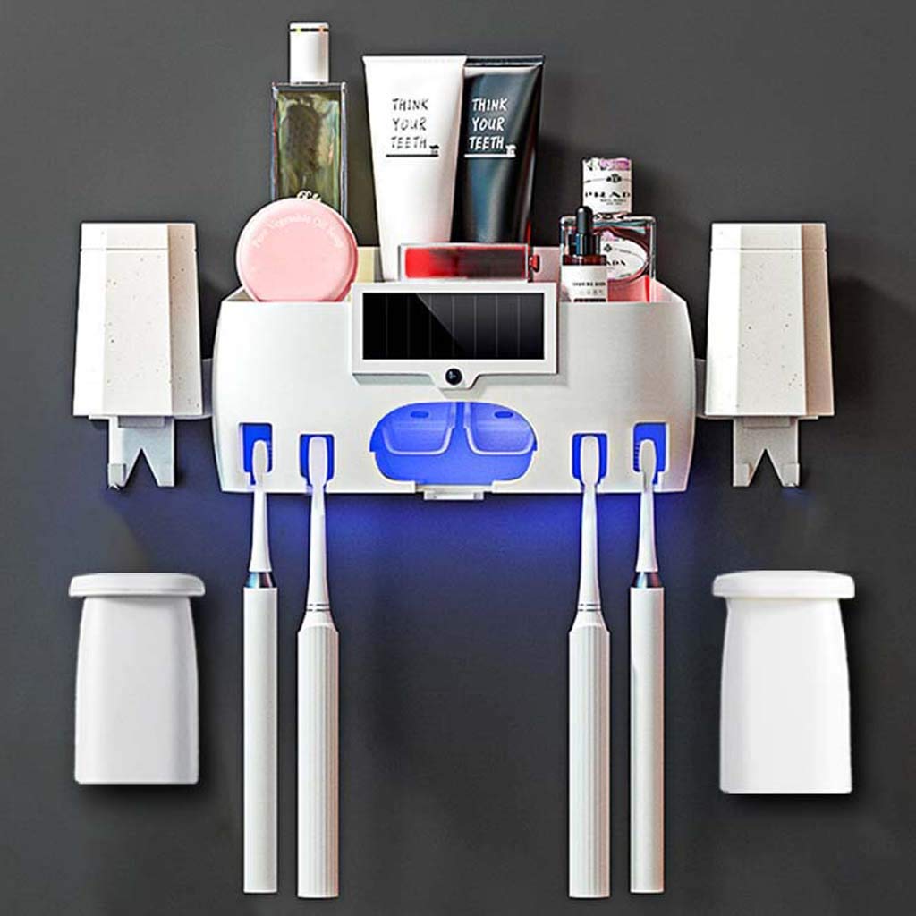 TJH Portacepillos de desinfección UV, Esterilización Inteligente Pasta de Dientes Cepillo de Dientes esterilizador, Set de Enjuague bucal montado en la Pared para 4 baños