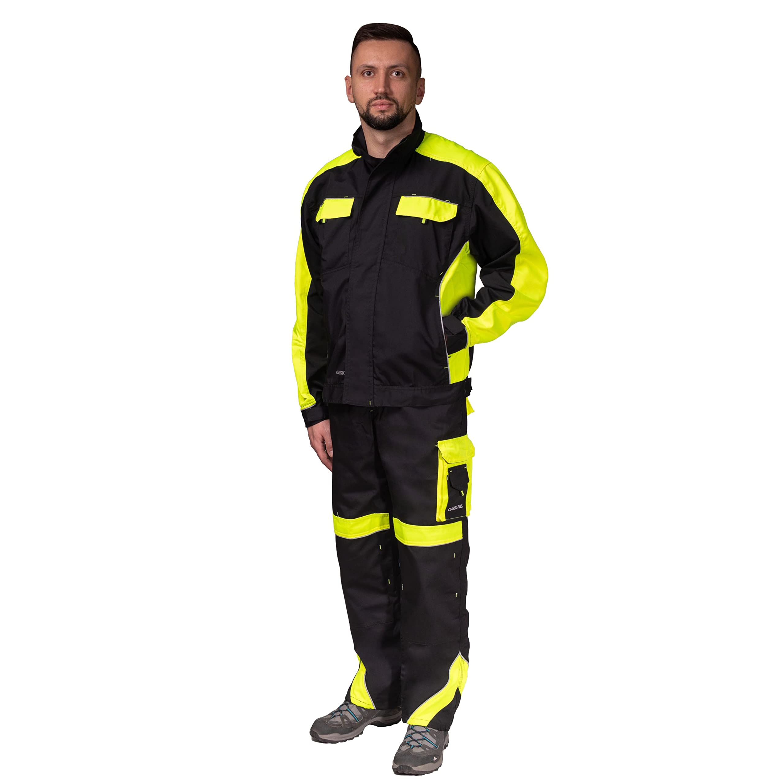Kombinezony ogrodniczki ogrodniczki męskie Hi Vis odblaskowe spodnie z ochraniaczami na kolana kurtka dostępne idealne do pracy mechanika podłogi Trades
