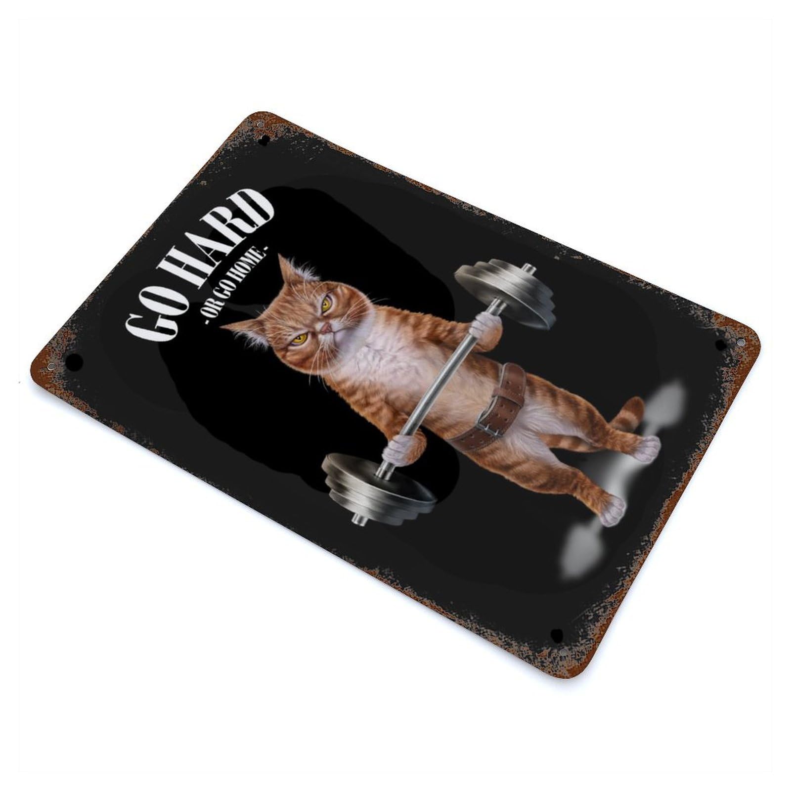 Orange Cat Weightlifting Rusty Metal Tin Sign 11.8"x7.9", for Basement, Hobby Room And Garage Decor, Retro Wall Decor