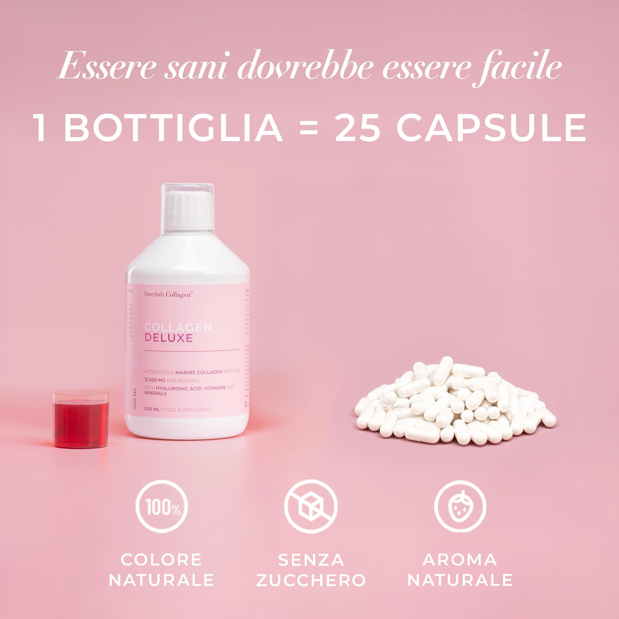 Swedish Collagen - Collagen Deluxe 500 ml Peptidi di Collagene Marino Idrolizzato | 12.500 mg Collagene | Con Acido Ialuronico, Vitamine e Minerali