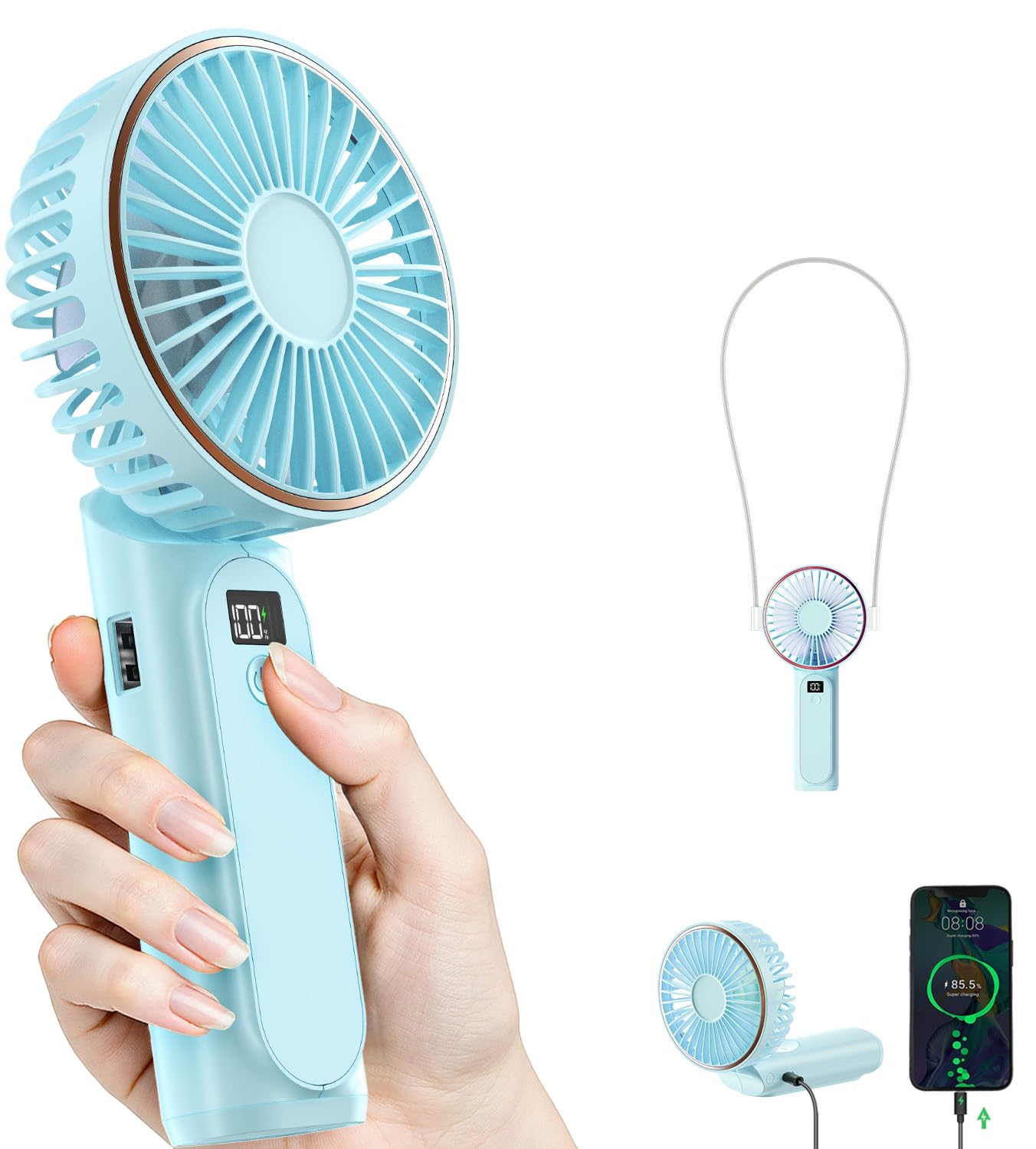 Portable Handheld Fan, 4000mAh, 180 Adjustable, 6 Speed Wind, USB Rechargeable Foldable Fan with Real-Time Electricity Display