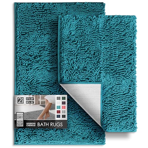 Hearth & Harbor Bathroom Rugs, Chenille Bath Mat - Machine Washable Bath Mats for Bathroom Non-Slip Backing Rubber, Quick Dry Bathroom Mat