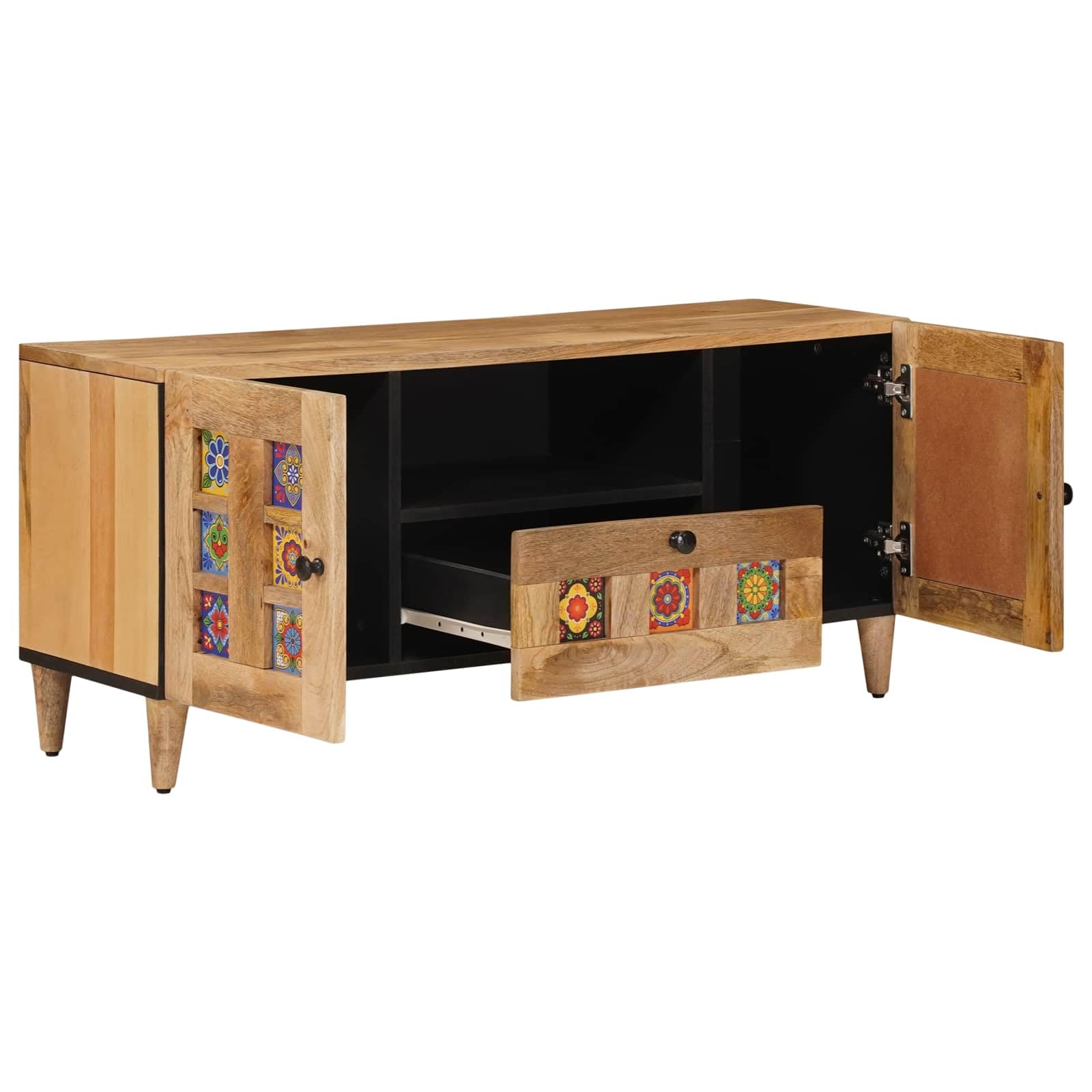 Mobile TV naturale 105 x 33,5 x 46 cm, in legno massiccio di mango | Con ante e cassetti, spazio per accessori multimediali, design moderno, per soggiorno