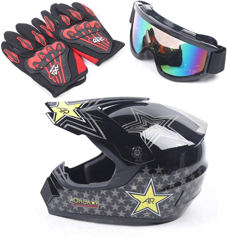 Youth Kids Offroad Gear Combo Helmet Gloves Goggles DOT Motocross Off-Road Racing ATV Dirt Bike Protector (#4, L)