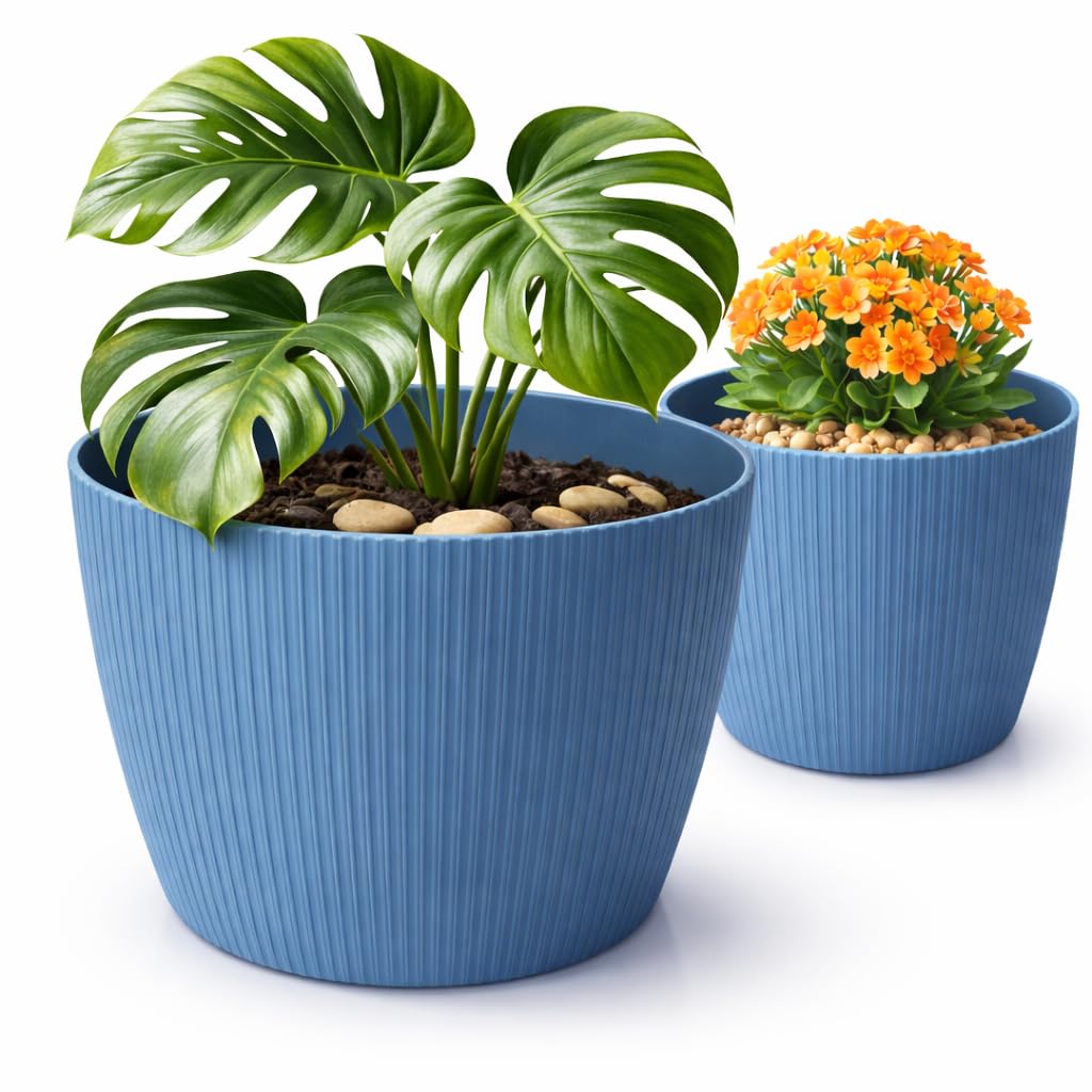 PECZEKO Matte Flower Pot, Plastic Planter, Decorative Pot for Large Plants, 2 x Flower Pot Set, Flower Pot Herb Pot, (2 Pack) Blue, Diameter 22 cm
