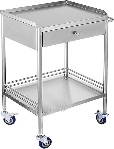 Miniatura 1 de Carrito de acero inoxidable de 2 niveles con ruedas - Carrito médico con ruedas y cajones - Carro móvil para servir carritos de laboratorio (cajón