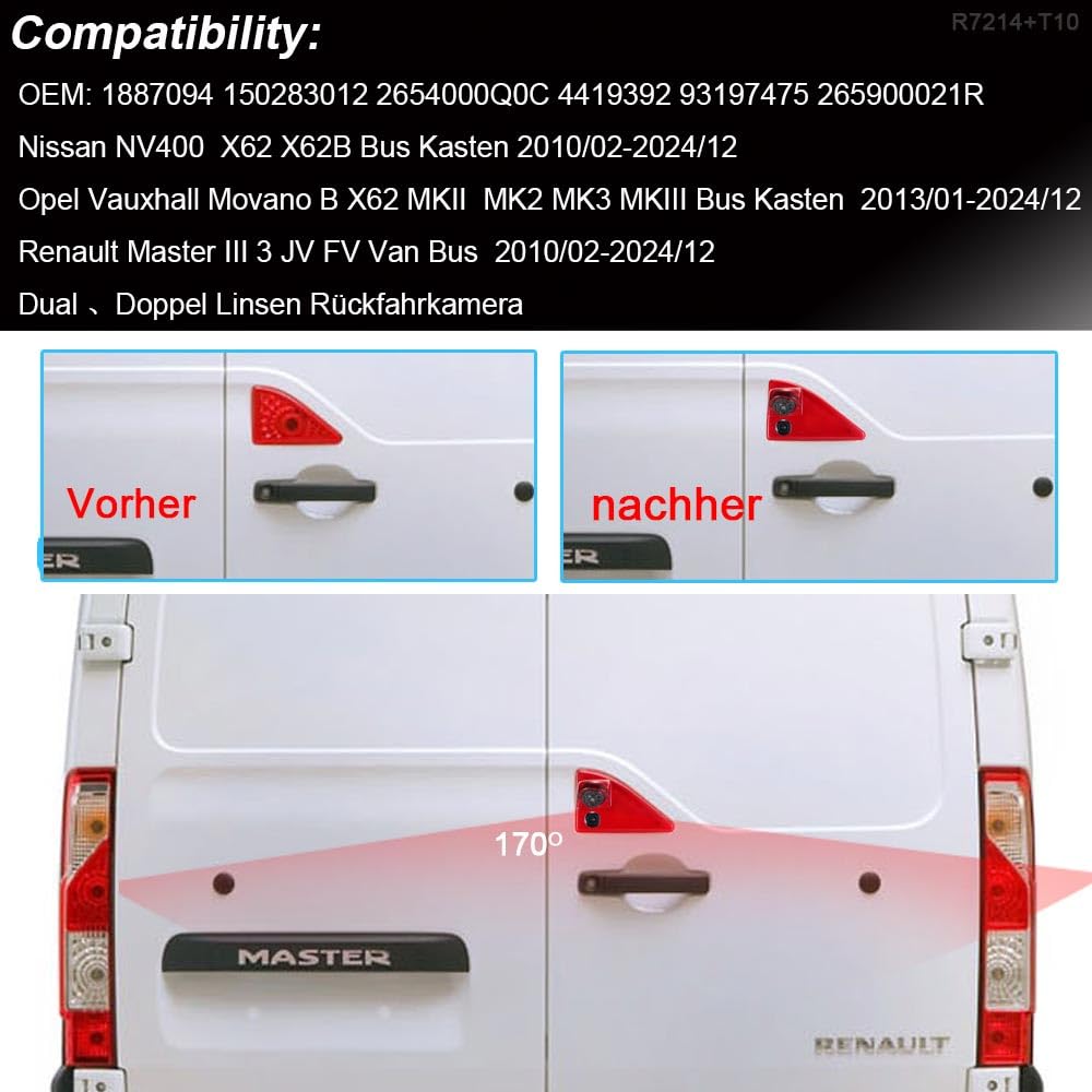 Caméra de recul double étanche à l'eau avec vision nocturne pour Nissan NV400 X62 X62B/Opel Vauxhall Movano MK2 MK3/Renault Master III JV FV + Rétroviseur de remplacement de 7 pouces