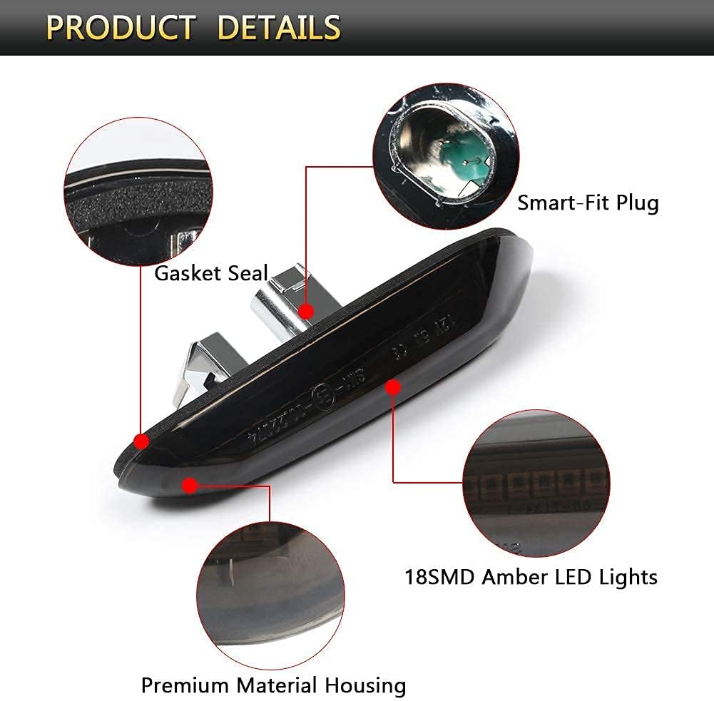 Gempro 2Pcs Sequential Amber LED Side Marker Turn Signal Light Lamp Assembly For BMW E84 E81 E82 E87 E88 E90 E91 E92 E93 E46 E53 X3 E83 X1, Smoke Black