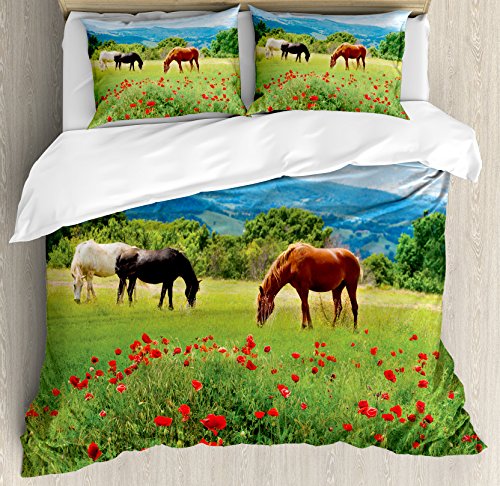 70% Off Everything Ambesonne Horses Duvet Cover Set, Various Kinds of Horses Eating Grass in Field Mountain Landscape Rural Scene Print, Decorative 3 Piece Bedding Set with 2 Pillow Shams, Queen Size, Green Red