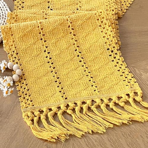 FEXIA Yellow Table Runner with Tassels 12x90 Inch for Fall Home Boho Decor