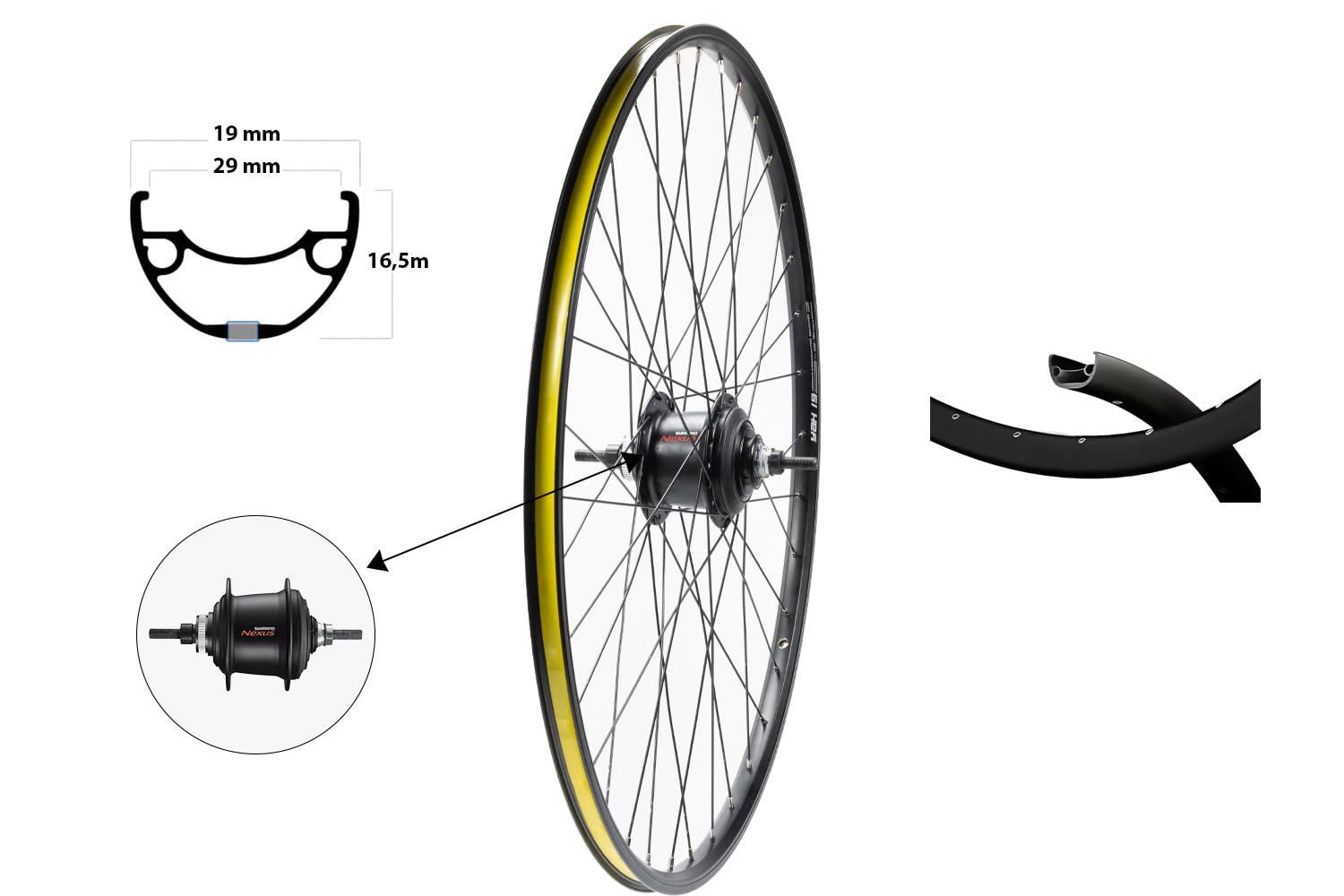 28 Zoll Fahrrad-Set – Road Cruiser Reifen (42-622) mit Pannenschutz & Reflex Yak 19 Hinterrad mit Nexus 7-Gang Nabe & Scheibenbremse Schlauch DV40