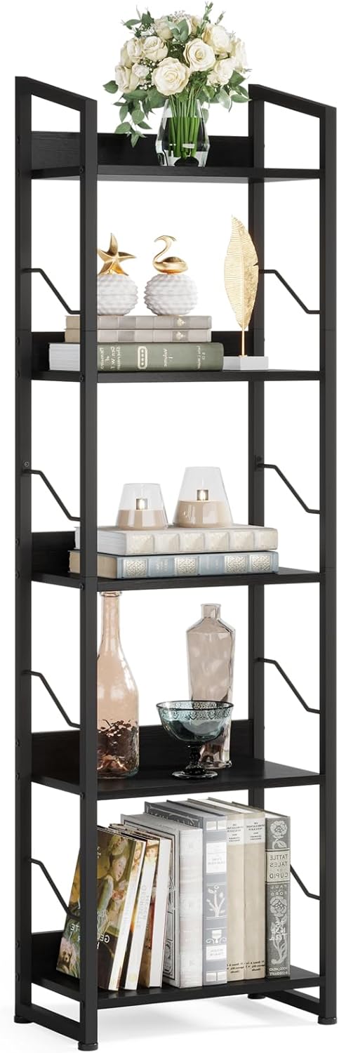 Hosfais 5 Tier Narrow Bookshelf: Tall Bookcase Shelf with Edge Protection, Industrial Modern Bookshelves for Bedroom Living Room Home Office (Black) Hosfais 5 Tier Narrow Bookshelf: Tall Bookcase Shelf with Edge Protection, Industrial Modern Bookshelves for Bedroom Living Room Home Office (Black)