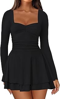 IWD Women's Square Neck Long Sleeve Mini Dress Ruched Corset Waist Tiered Ruffle Hem