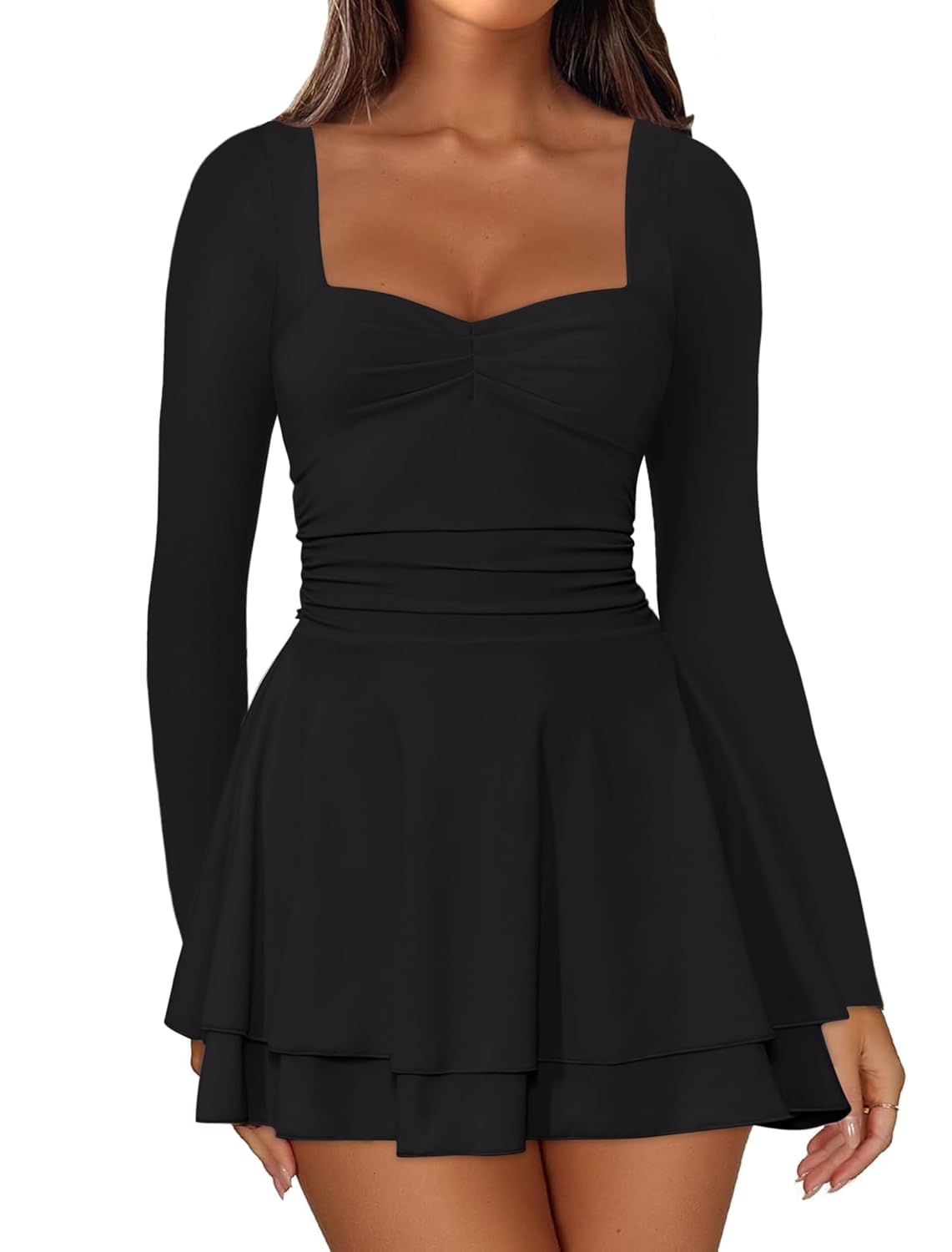 IWD Womens Square Neck Long Sleeve Mini Dress Ruched Corset Waist Tiered Ruffle Hem A Line Short Party