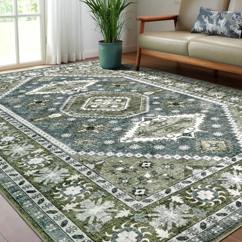 Tapete Boho Lavable 8x10 para Sala Verde Oscuro y Azul miniatura 1