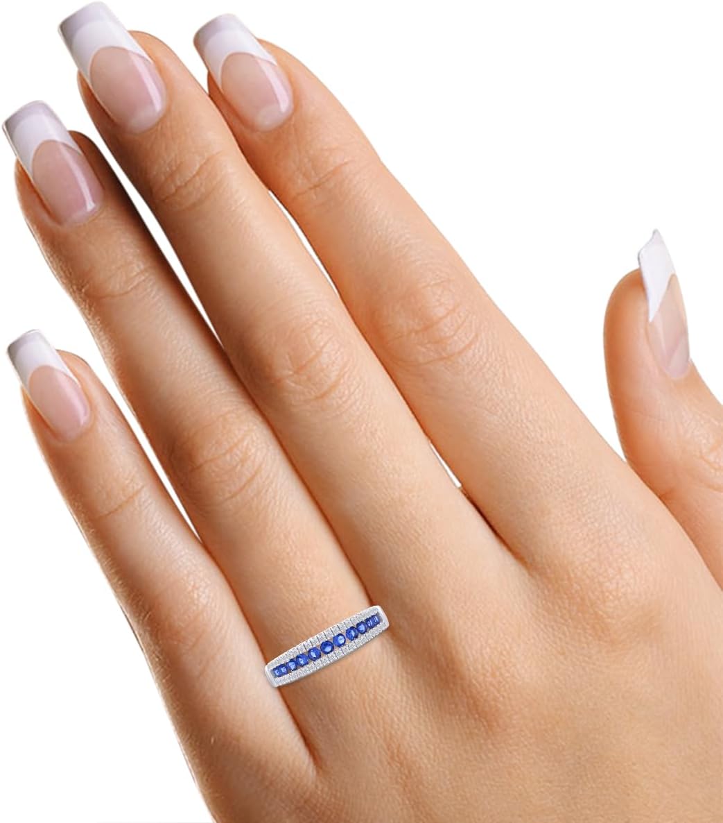 Half Eternity Wedding Band for Women Round Cut Simulated Blue Sapphire And Cubic Zirconia Channel Set Anniversary Stackable Ring in 14k Gold Plated Sterling Silver Jewelry for Her
