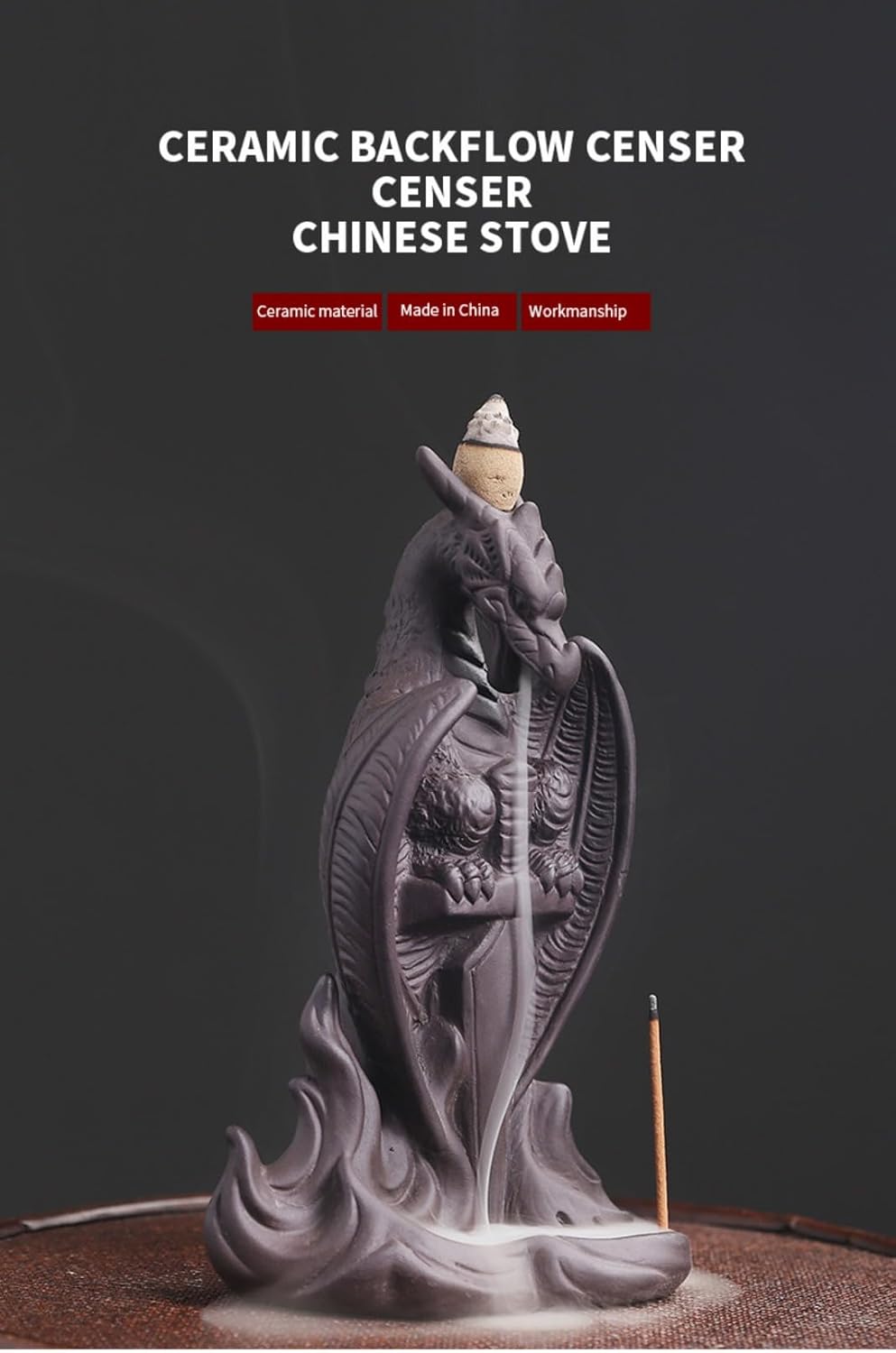 Purple Sand Wing Dragon Backflow Incense Burner Ceramic Waterfall Smoke Incense Holder Stick Incense Insert Home Decoration (F)