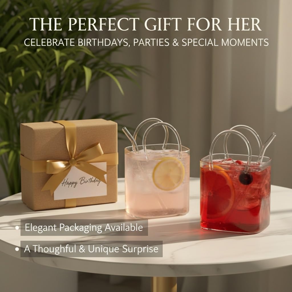 Glass Purse for Drinks Unique Wine Glasses Vase Cute Cocktail Cups Bowl Creative Drinking Cup Reusable Glasss Fruit Juice Tea Flower Display Gift Women Party Decor Handbag Design