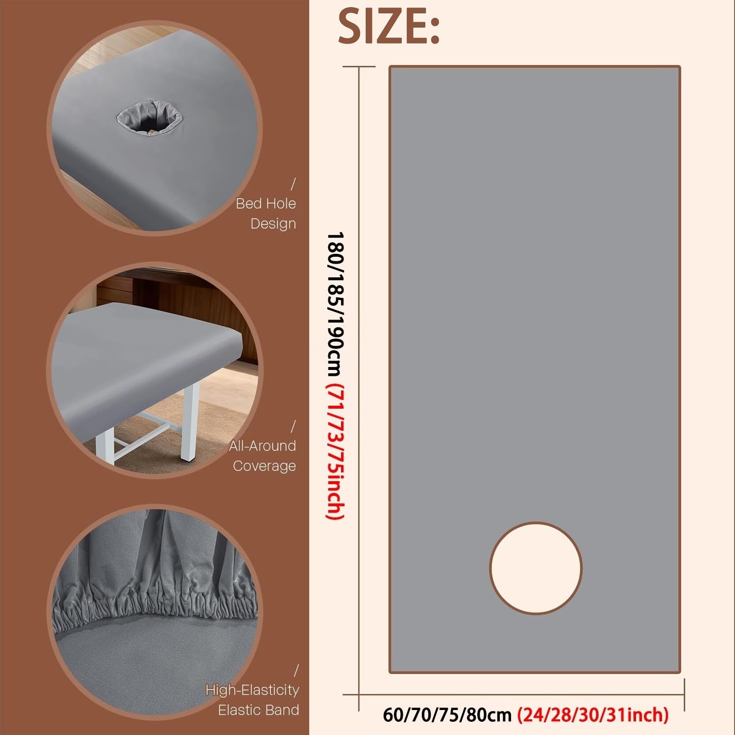 Housse de Table de Massage Imperméable 180x60 185x70 190x70 190x75 190x80 cm Anti-Huile, Réutilisable et Lavable en Machine avec Ouverture for le Visage(M1,190x70cm/75x28in (with hole))