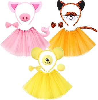 HooLing 3 Set Mardi Gras Costume Accessories Set for Kids Pink Piggy Headband Tiger Headwear Bear Headband Nose Ear Bowtie Tail Fancy Tutu Skirt for Halloween Party Cosplay Dress up