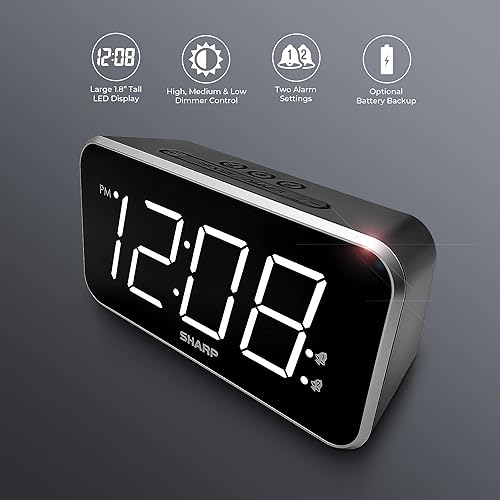 Miniatura 2 de Sharp Reloj despertador Jumbo Pantalla fácil de leer – Control de atenuador de 3 pasos – Alarmas duales, respaldo de batería, negro con LED blanco