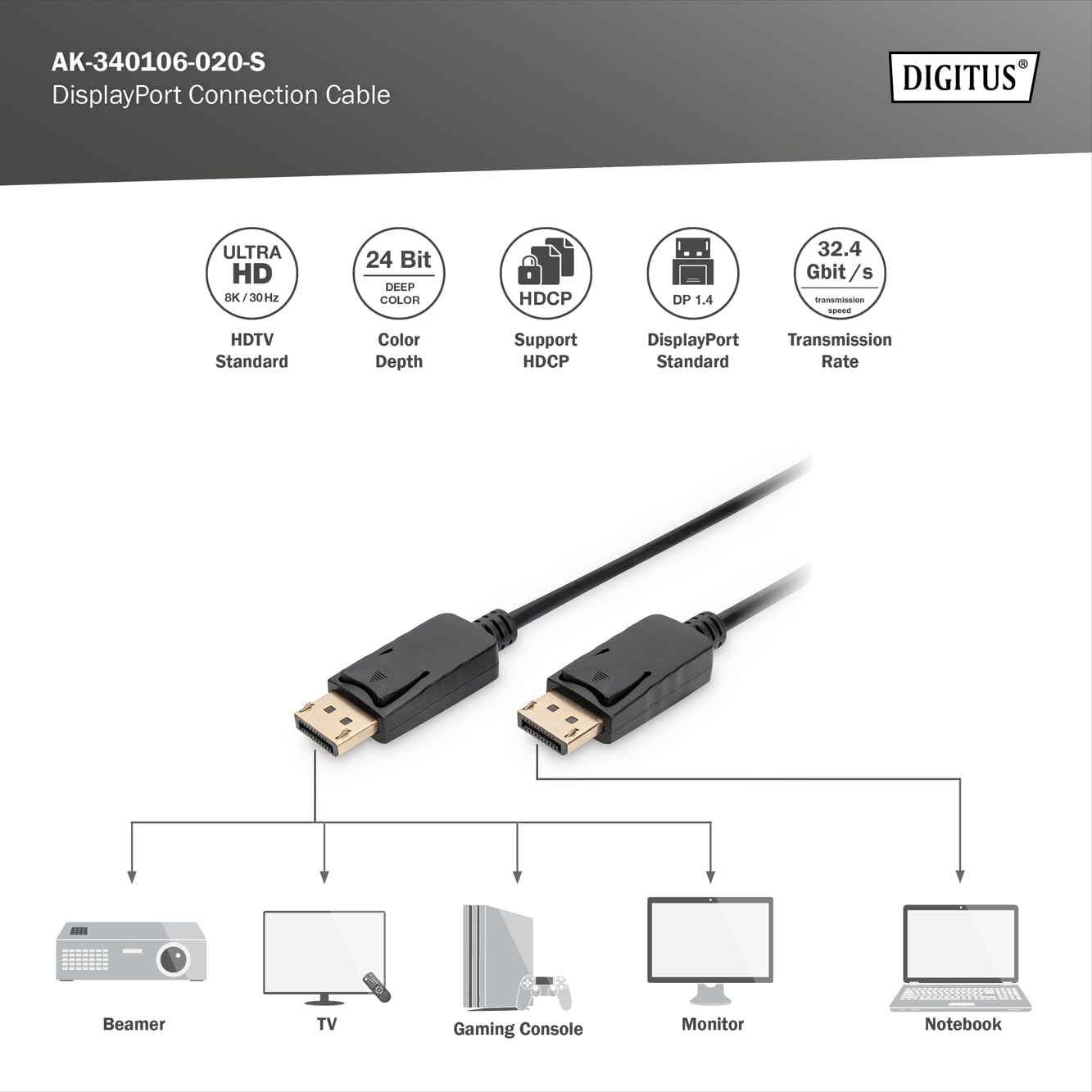 Digitus DisplayPort Connection Cable, DP M/M, 2.0m, w/Lock, UHD 8K, Vers. 1.3/1.4, bl