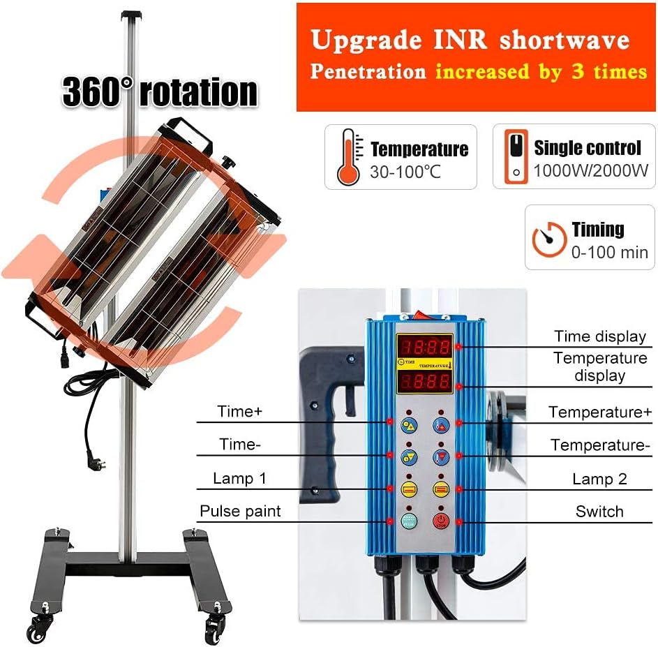 DATOU 2000W Baking Infrared Paint Curing Lamp Car Bodywork Repair Paint Dryer Short Wave Infrared Paint Curing Light for Car/Furniture with Stand (110V)