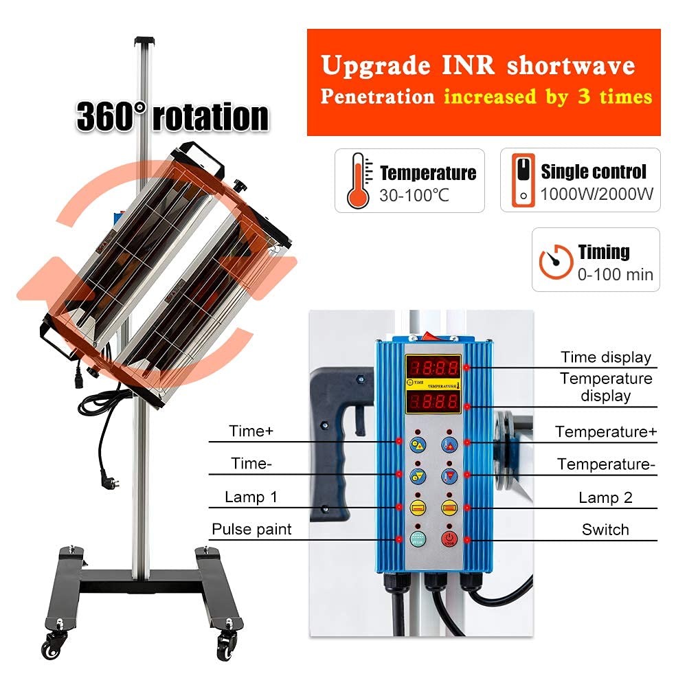 DATOUBOSS 2000W Lampe Infrarouge Mobile à ondes courtes pour Séchage de Peinture et Durcissement de Peinture pour Réparation Automobile