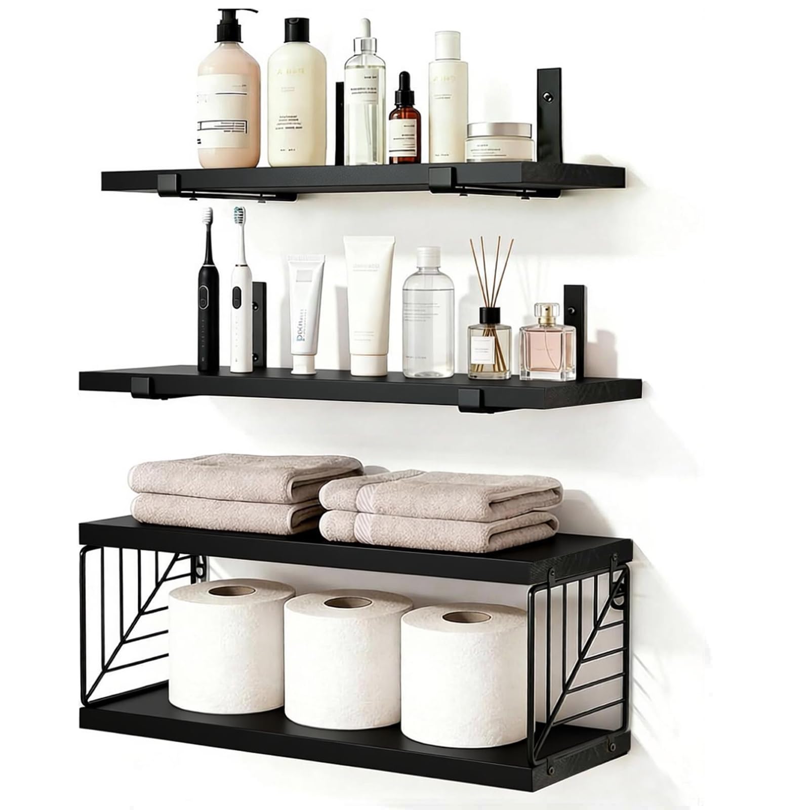 Loopsee Black Wooden Floating Shelves, Bathroom Shelves for Wall Shelf