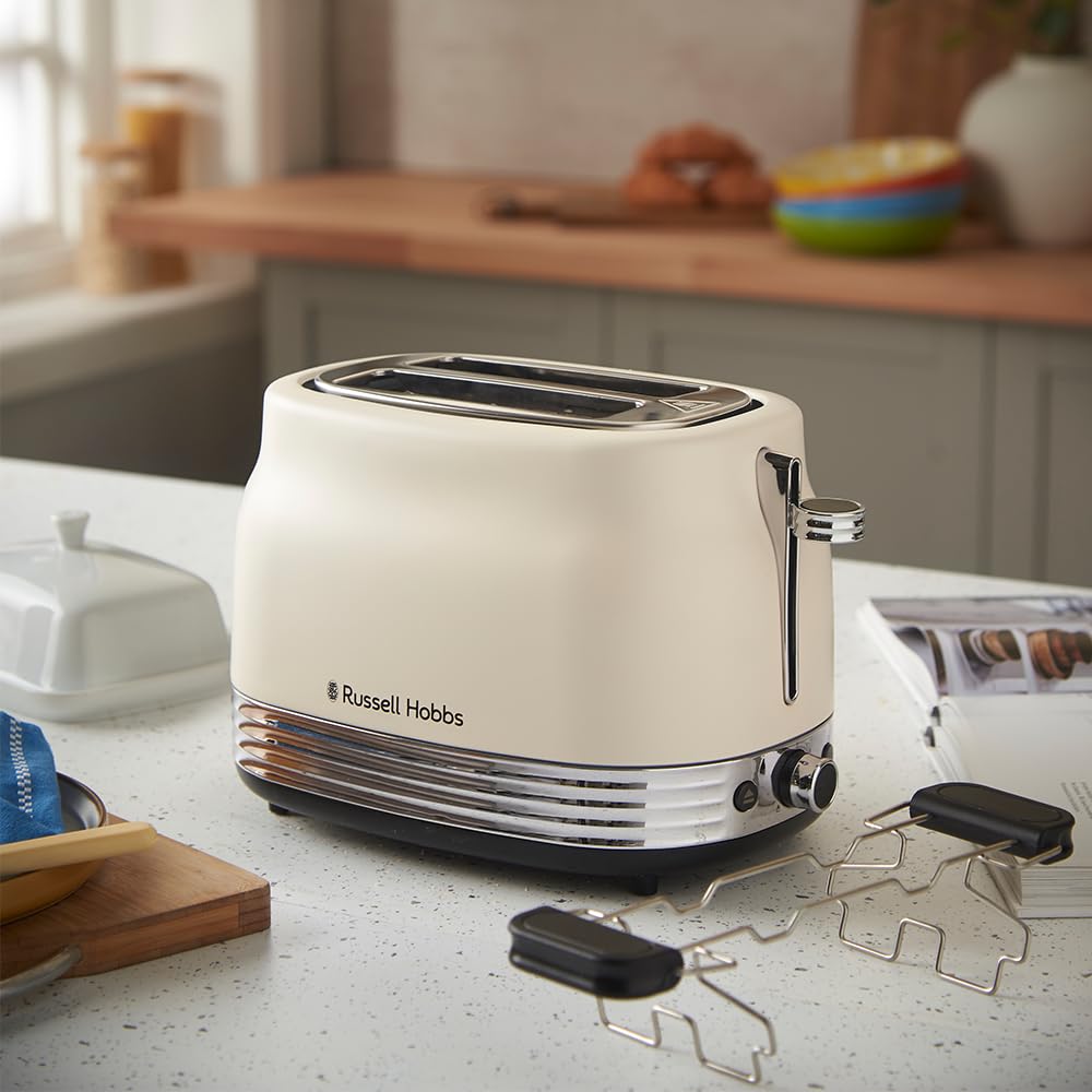 Russell Hobbs Toaster [für 2 Scheiben] Hanley Crème-Weiß (6 Bräunungsstufen, extra breite Toastschlitze, Auftauen/Aufwärmen/Stoppfunktion, Brötchenaufsatz, Krümmelschublade, Lift & Look) 28650-56