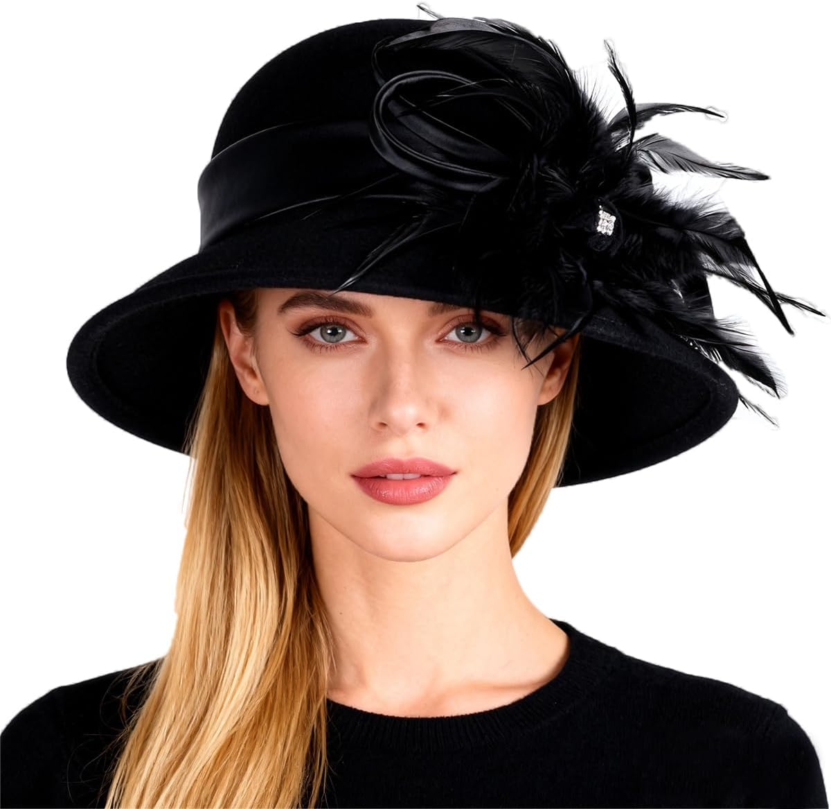 Women's Black Wool Felt Cloche Hat with Flower Feather Formal Church Tea Party Dress Cocktail Bucket Hats