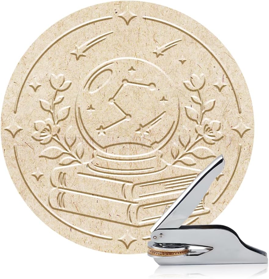 ANATTASOUL Book Embosser Personalized Crystal Ball and Books Pattern Book Stamp, Durable Library Stamp with Handle Set for Books, Library, Envelopes, Documents, Invitation