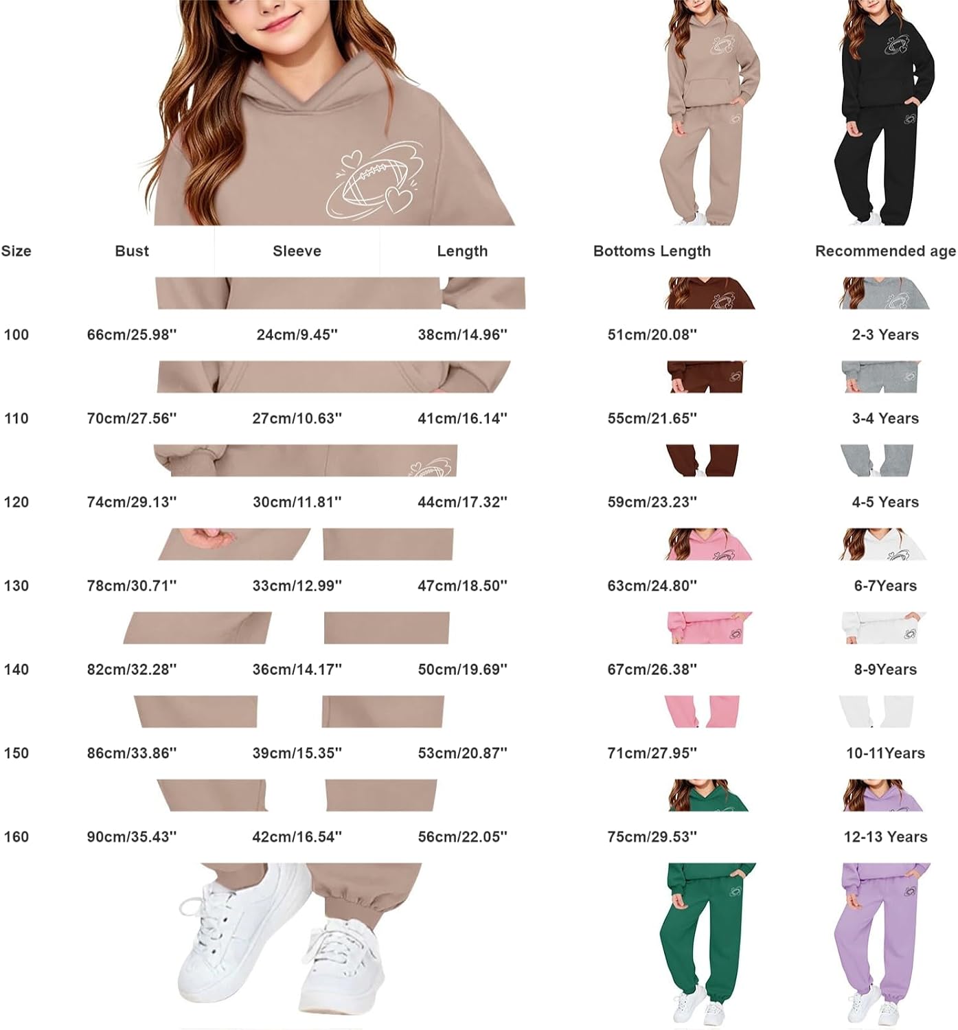 Football Sweatsuit for Kids 2 Piece Outfit Teen Oversized Fall Tracksuit Cute Heart Line Print Hooded Sweatshirt Elastic